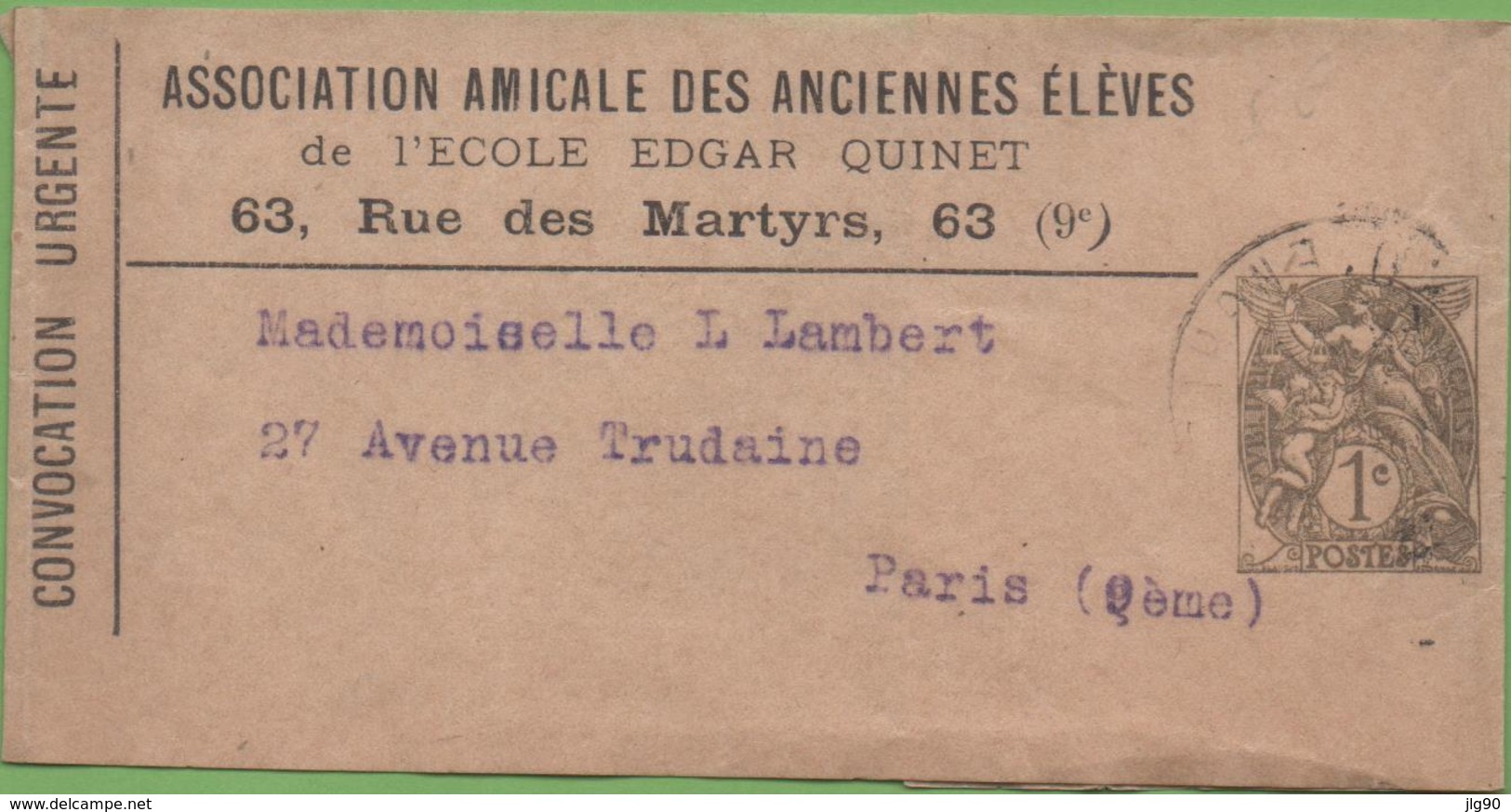 Entier Postal Type Blanc 1c 107a-BJ2 N°002 Sur Bande Pour Journaux Ecole E.QUINET PARIS - Streifbänder