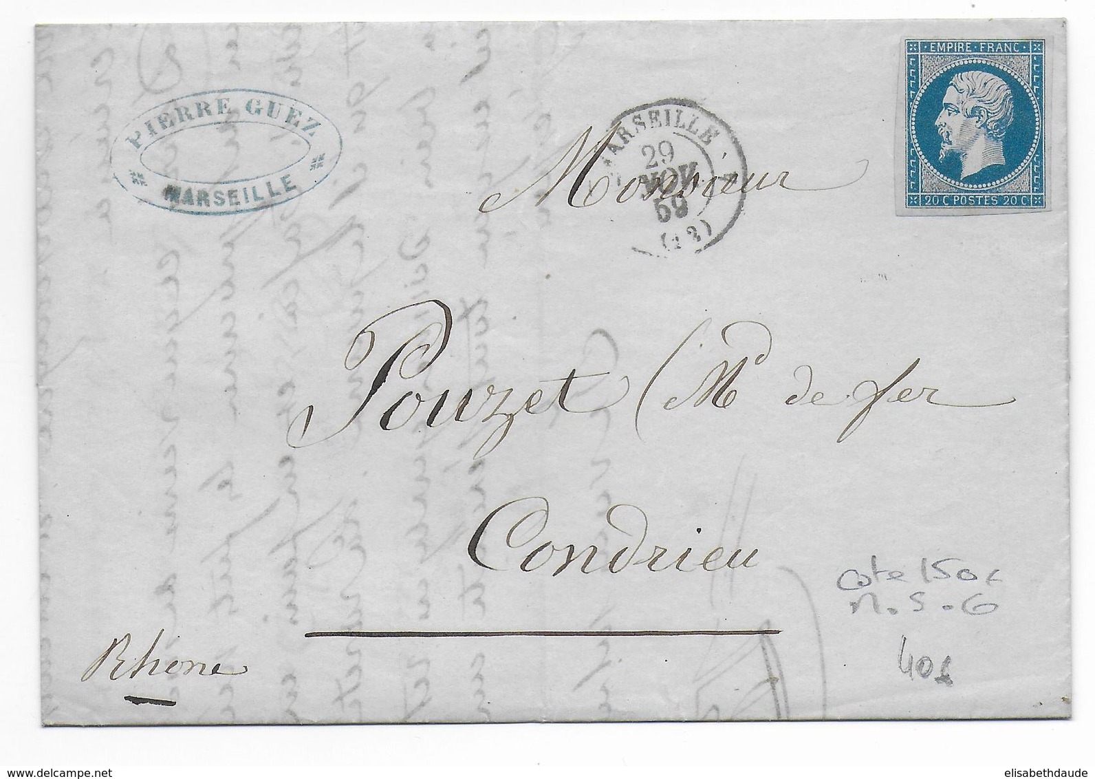 1859 - 20c EMPIRE NEUF ! NON OBLITERE Sur LETTRE De MARSEILLE => CONDRIEU - 1853-1860 Napoleon III