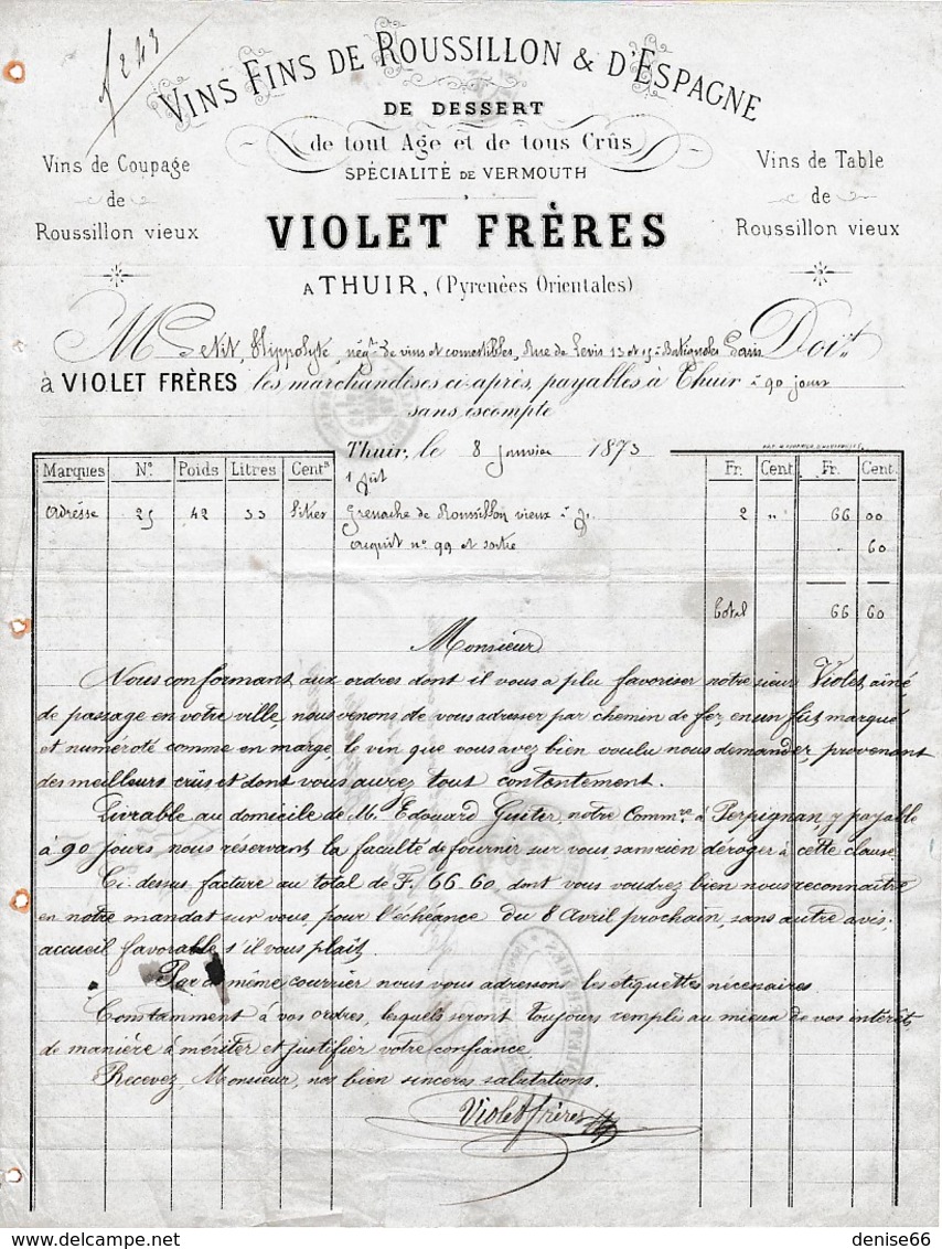 1873 - THUIR (66) - VIOLET FRÈRES - Vins Fins Du Roussillon De Dessert  - Spécialité De VERMOUTH - Historical Documents