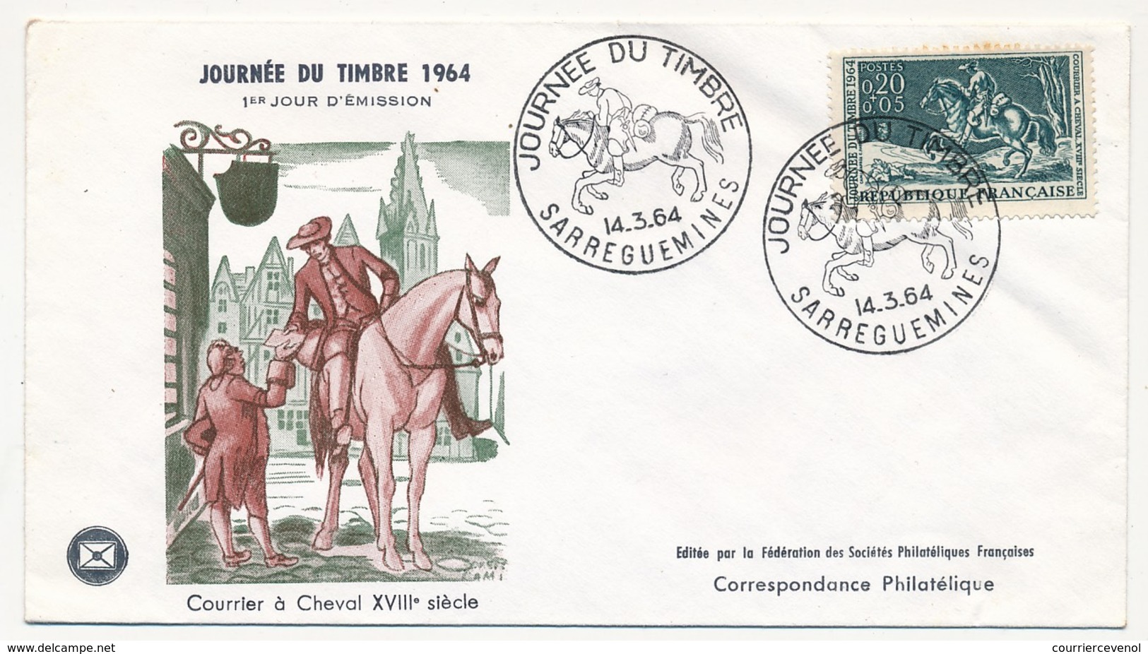 FRANCE - Enveloppe FDC - Journée Du Timbre 1964 (Courrier à Cheval XVIIIeme Siècle) - SARREGUEMINES 14.3.1964 - Stamp's Day