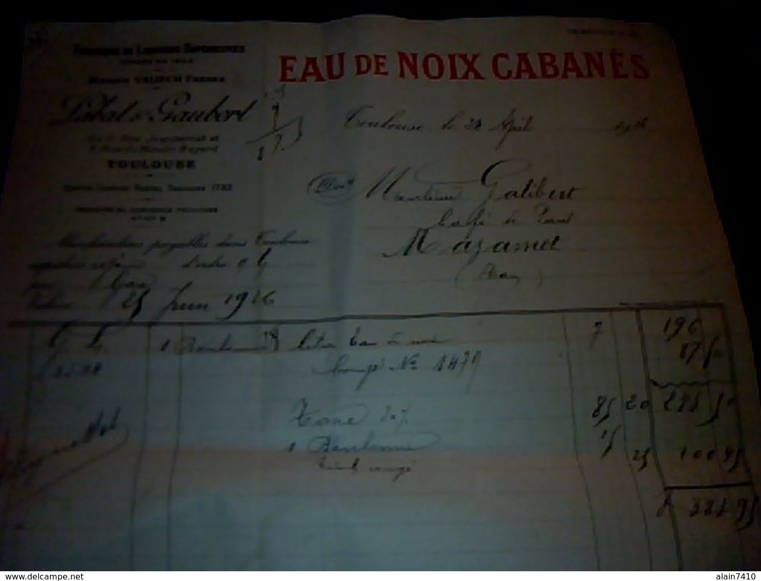 Facture Eaux De Noix CABANES Maison Labat & Gaubert à Toulouse (pour Le Café De Paris à Mazamet ) Année 1926 - Alimentare