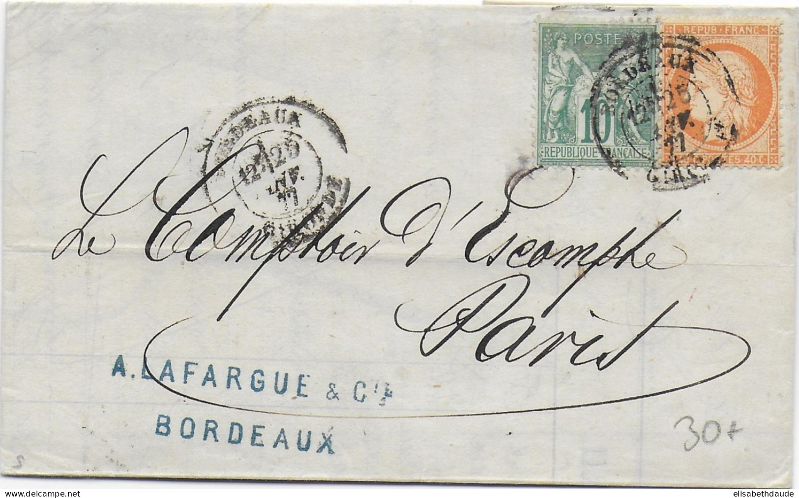 1877 -  AFFR. MIXTE SIEGE / SAGE N/B Sur LETTRE De BORDEAUX => PARIS - 1876-1878 Sage (Type I)