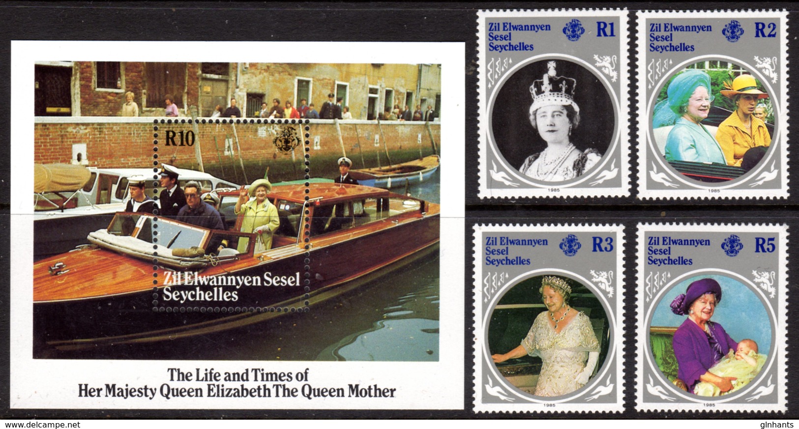 ZIl ELWANNYEN SESEL - 1985 LIFE & TIMES OF QUEEN ELIZABETH THE QUEEN MOTHER SET (4V) & MS FINE MNH ** SG 115-118, MS119 - Seychelles (1976-...)