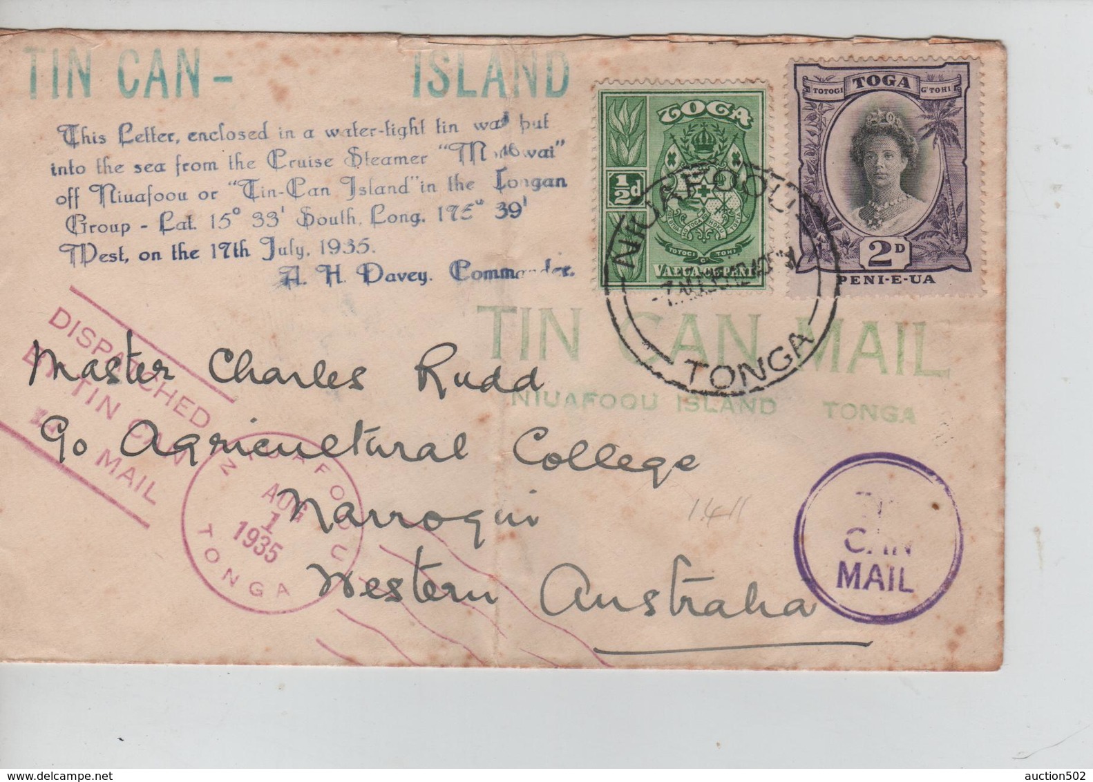 34PR/ Toga(Tonga)  Cover Tin Can Mail C.Niuafoou 1/8/1935 > Western Australia - Tonga (...-1970)