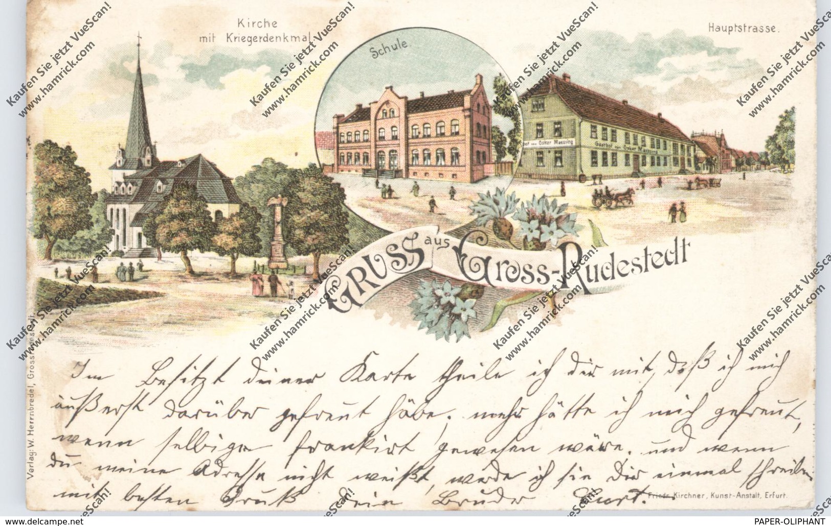 0-5101 GROSSRUDESTEDT, Lithographie 1899, Gasthof Oskar Maessing, Schule, Kirche & Kriegerdenkmal - Soemmerda