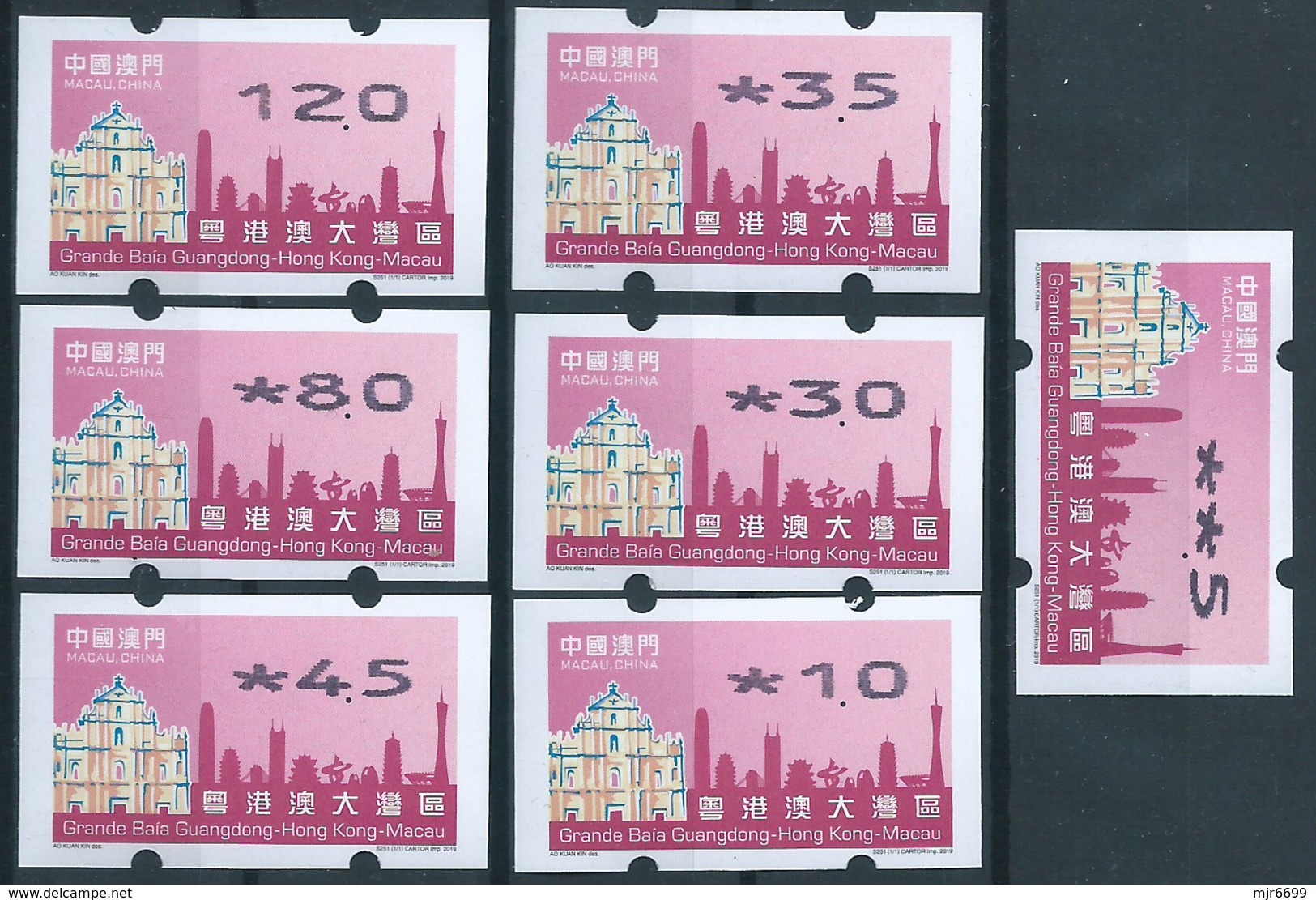 MACAU 2019 GUANDGONG, H.K. & MACAU GREAT BAY ATM LABELS NAGLER 104 SET OF 7 - Distributors