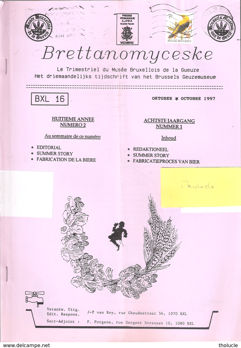 Revue Du Musée Bruxellois De La Gueuze-BRETTANOMYCESKE-Brouwerij-Brasserie Cantillon-Fabrication De La Bière-1997 - Tourismus Und Gegenden