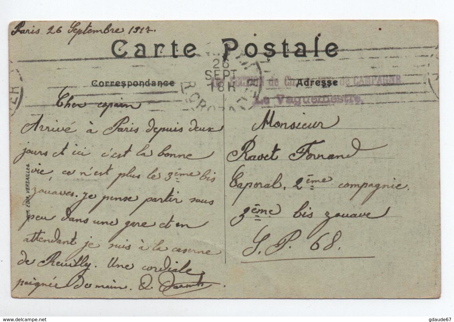 1917 - CP FM De PARIS Avec CACHET MILITAIRE - WW I