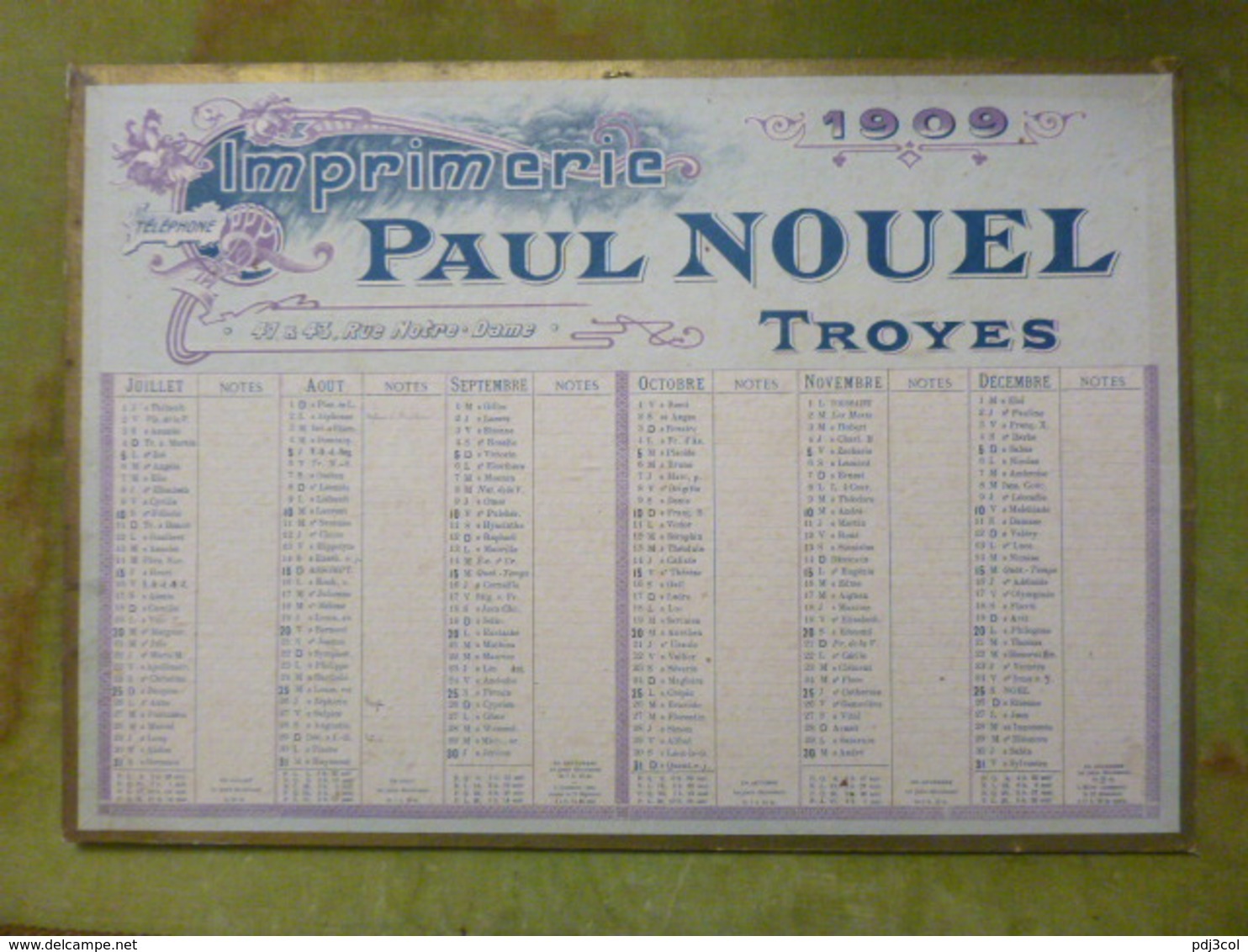 BEAU CALENDRIER Imprimerie Paul Nouel - Troyes - 1909 - Grand Format 37 * 53 Cm - Grand Format : 1901-20