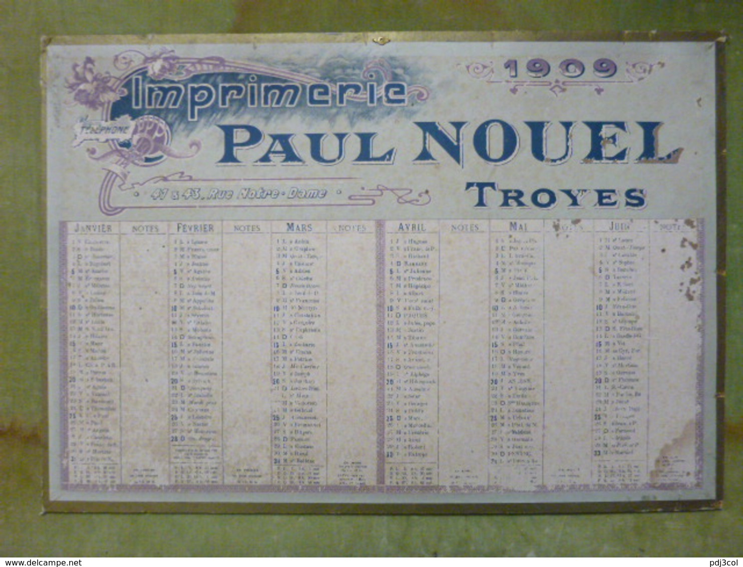BEAU CALENDRIER Imprimerie Paul Nouel - Troyes - 1909 - Grand Format 37 * 53 Cm - Grand Format : 1901-20