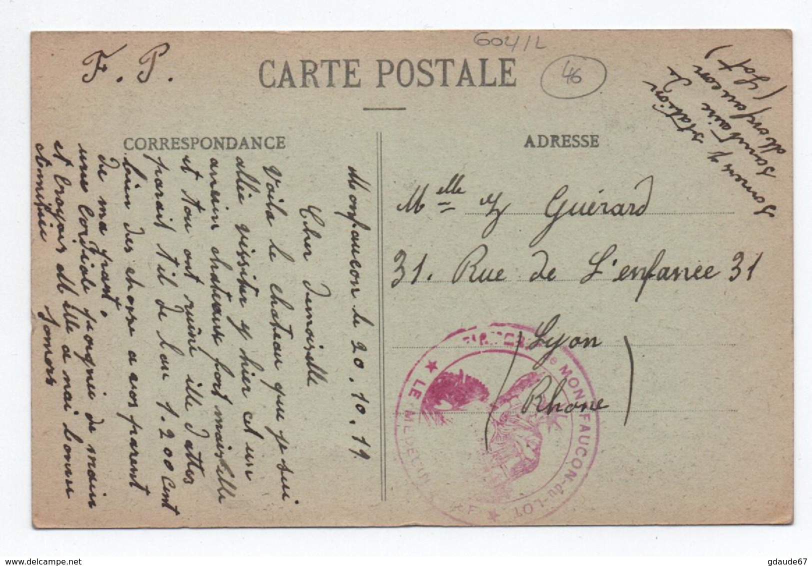 1911 - CP FM De MONTFAUCON DU LOT - Militärstempel Ab 1900 (ausser Kriegszeiten)