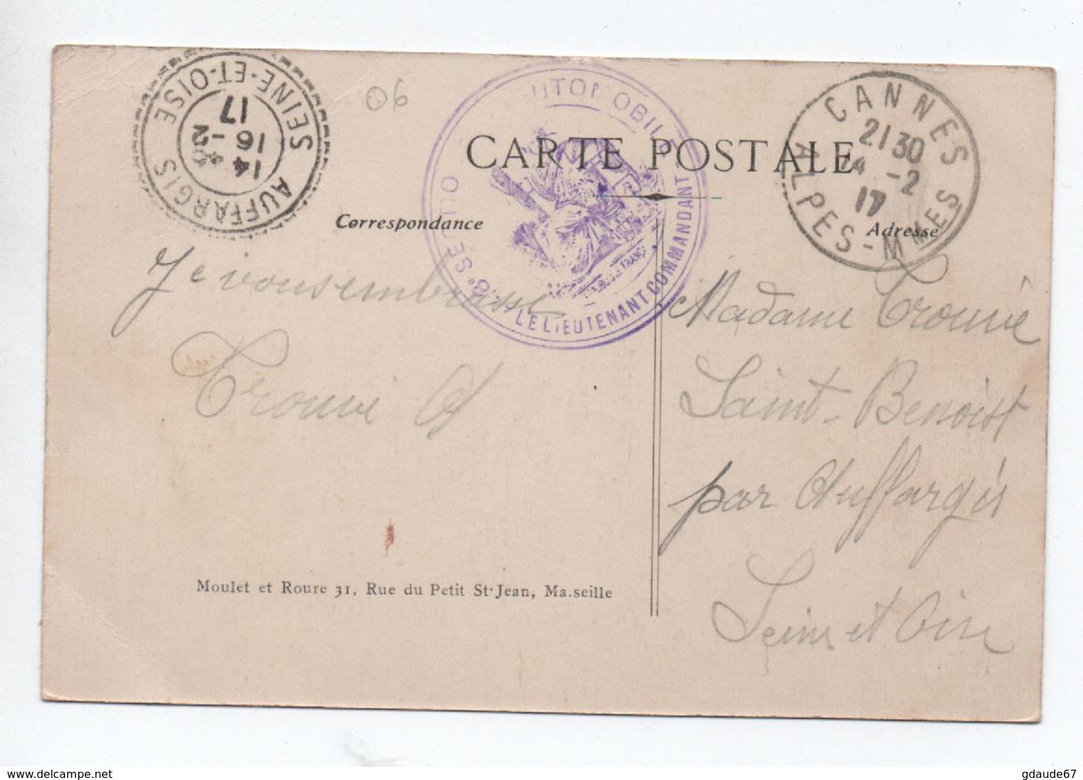 1917 - CP FM De CANNES (ALPES MARITIMES) Avec CACHET MILITAIRE "8° SECTION D'AUTOMOBILE" - WW I