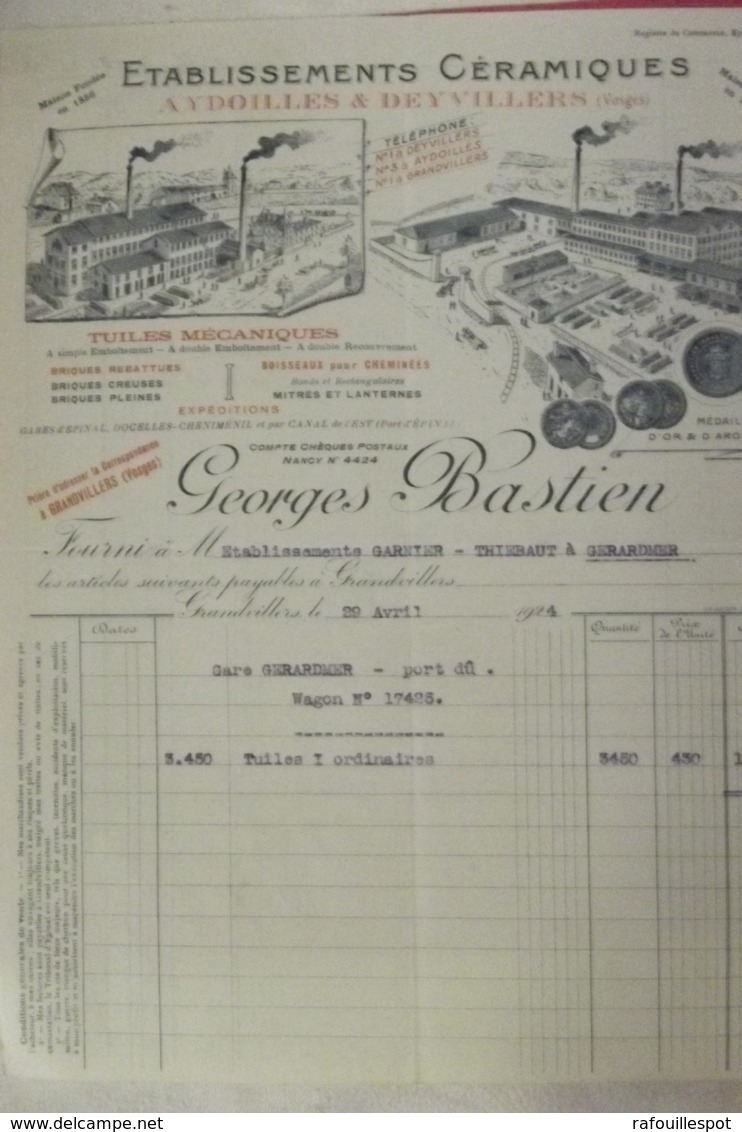 Facture Etablissements Ceramiques Aydoilles &deyvillers Georges Bastien  à Grandvillers 1924 - 1900 – 1949