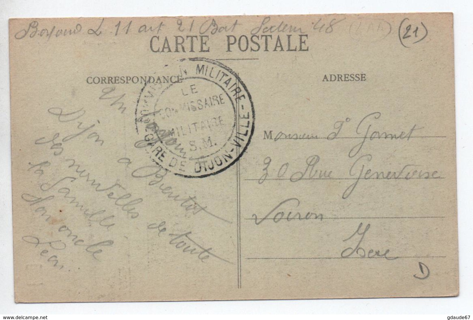 CP FM Avec CACHET MILITAIRE "GARE DE DIJON VILLE / LE COMMISSAIRE MILITAIRE SM" (COTE D'OR) - WW I