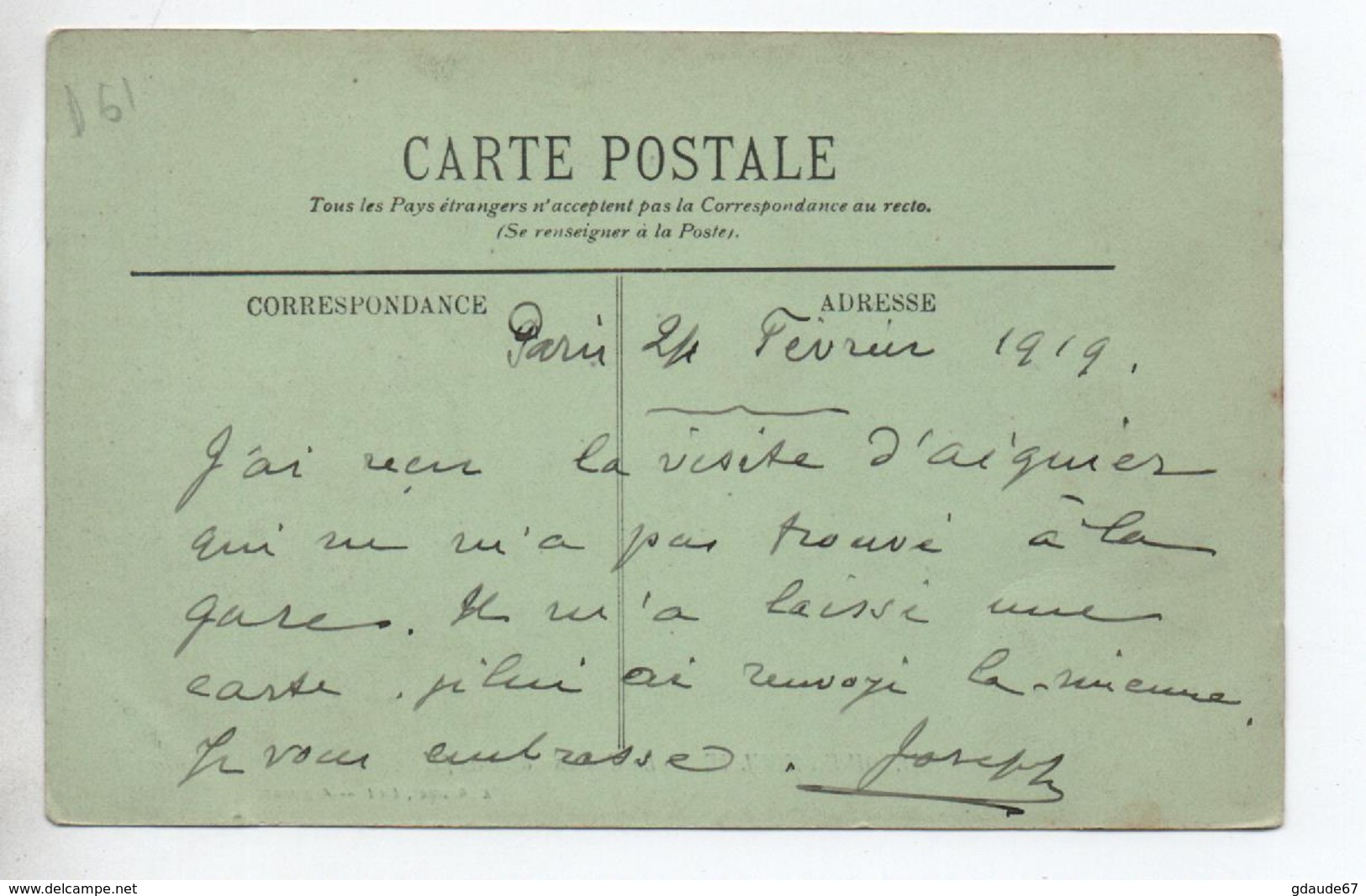 1919 - CP FM Avec CACHET MILITAIRE "COMMISSION DE GARE DE PARIS NORD" - Sellos Militares Desde 1900 (fuera De La Guerra)