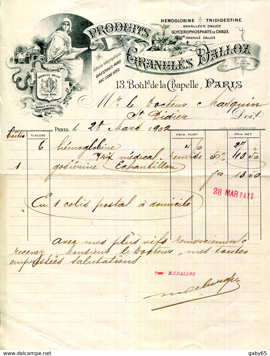 PARIS.HEMOGLOBINE.TRIDIGESTINE.PRODUITS GRANULES " DALLOZ " 13 BOULEVARD DE LA CAPELLE. - Drogerie & Parfümerie