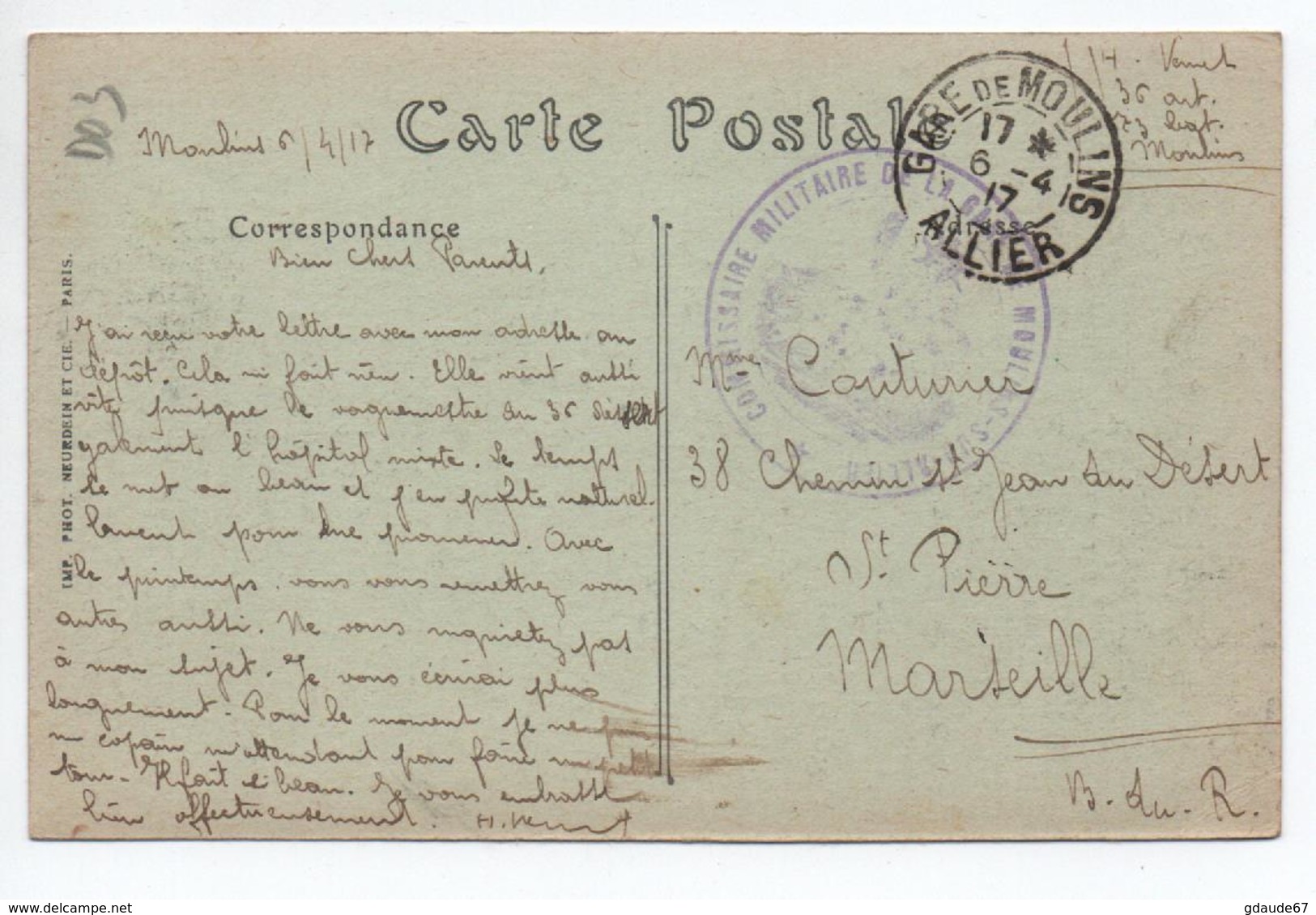 1917 - CP FM Avec CACHET MILITAIRE "COMMISSAIRE MILITAIRE DE LA GARE DE MOULINS SUR ALLIER" - WW I