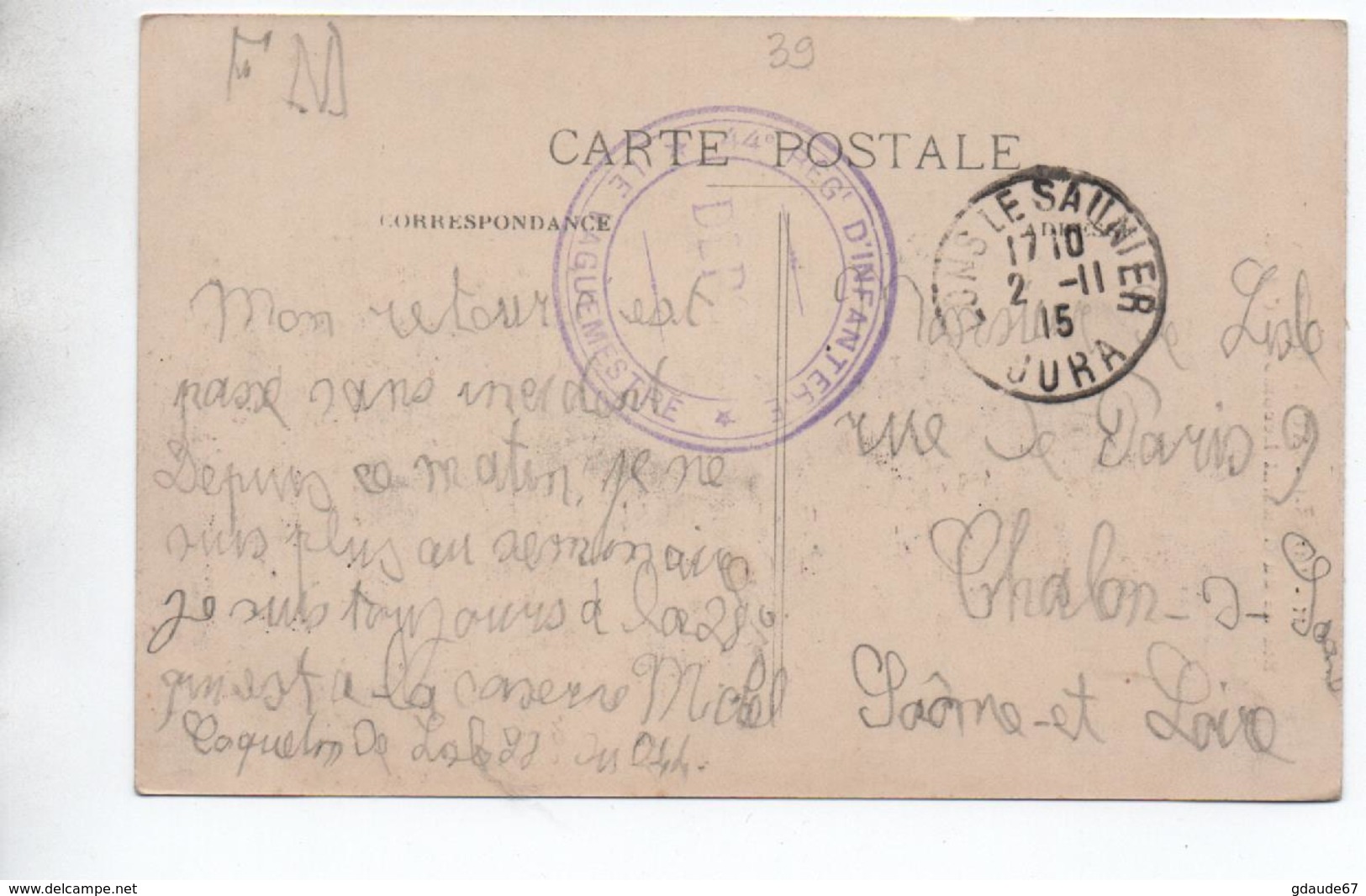 1915 - CP FM De LONS LE SAUNIER (JURA) Avec CACHET MILITAIRE "44° REGt D'INFANTERIE / DEPOT" - WW I