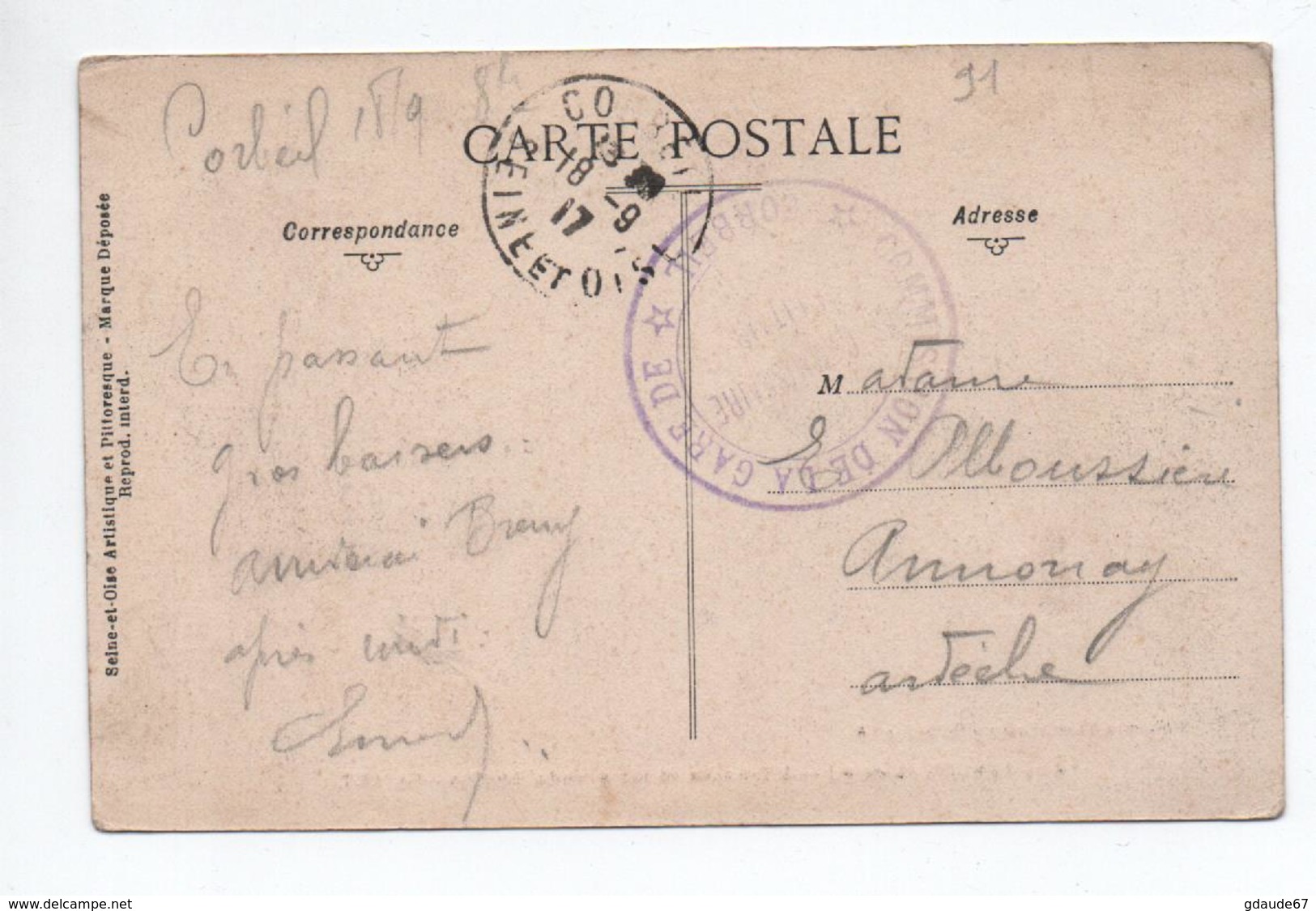 1917 - CP FM De CORBEIL (VAL D'OISE) Avec CACHET MILITAIRE "COMMISSION DE LA GARE DE CORBEIL" - WW I