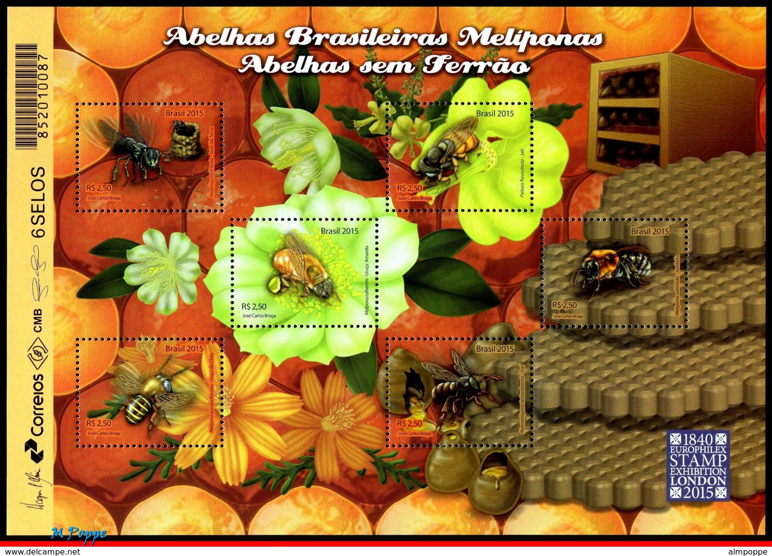 Ref. BR-3304 BRAZIL 2015 - BEES, WITH AROMATIC RESIN, ,PHILATELIC EXHIBITION LONDON, SHEET MNH, INSECTS 6V Sc# 3304 - Honeybees