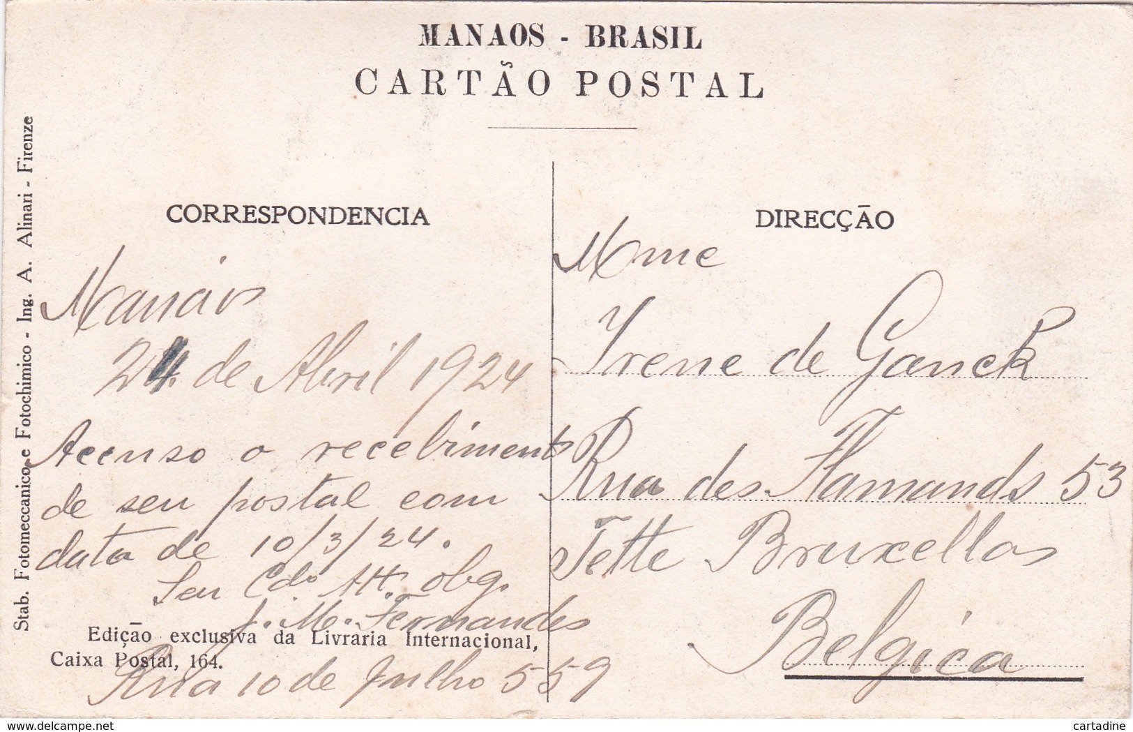 CPA Brésil / Brasil - Manàos - Tracção Aerea Da M.H. Lted - 1924 - Rio De Janeiro