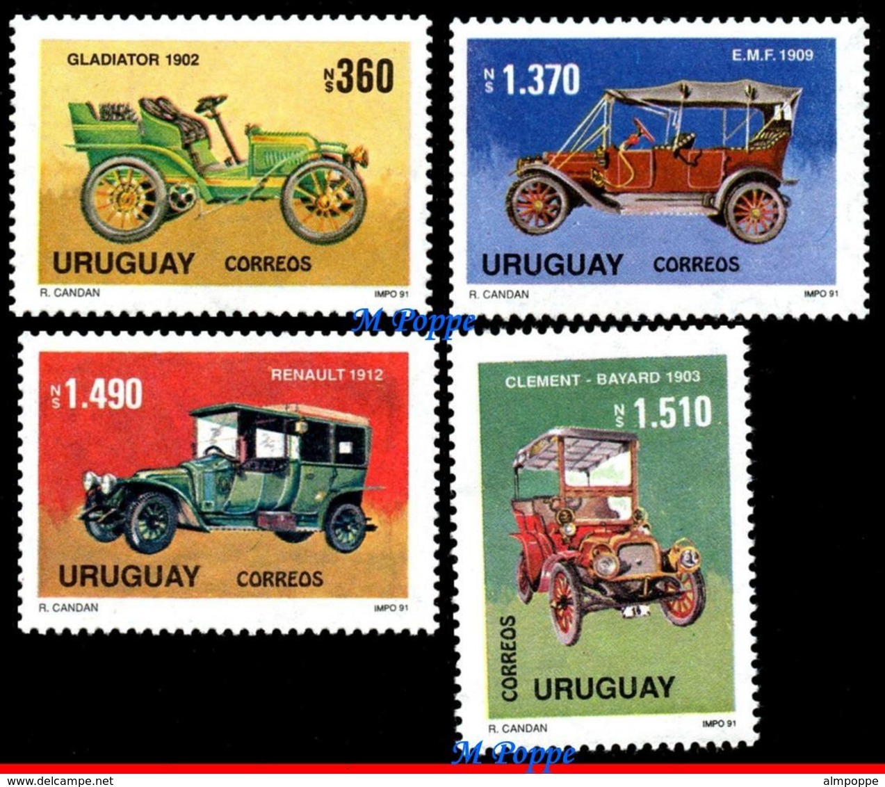 Ref. UR-1394-97 URUGUAY 1991 AUTOMOBILES, OLD CARS,, SET MNH 4V Sc# 1394-1397 - Uruguay