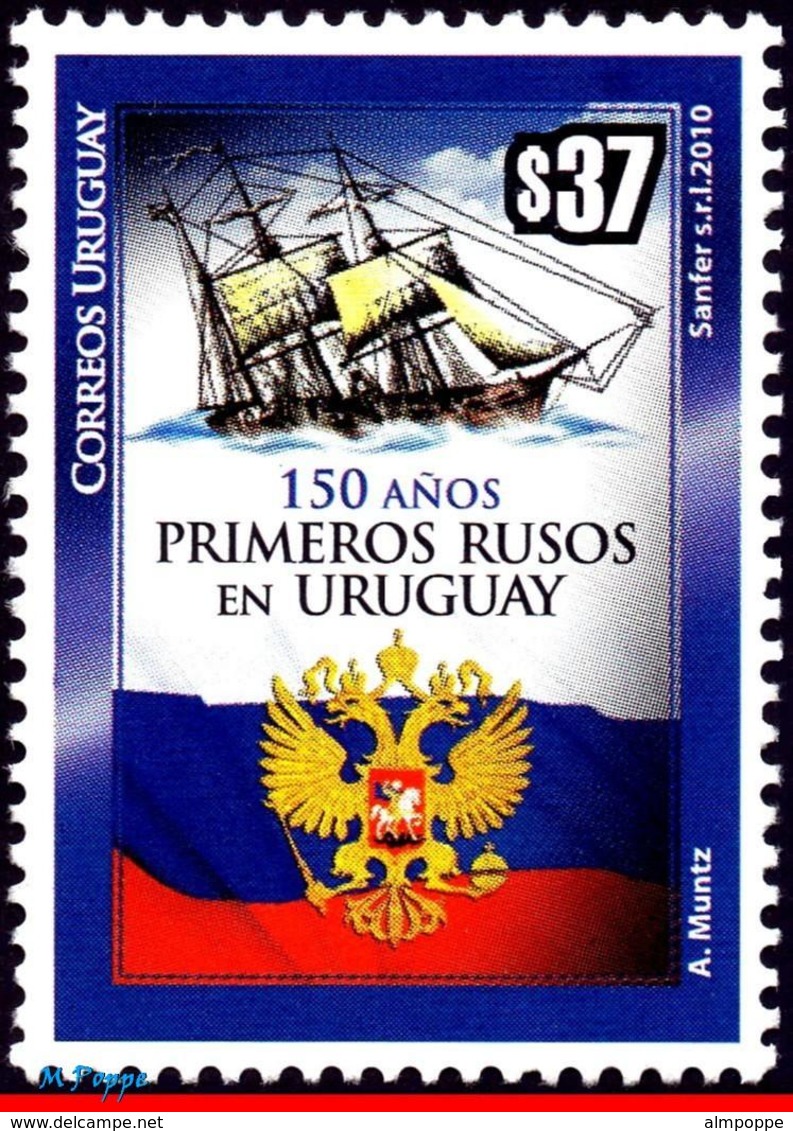 Ref. UR-V2010-01 URUGUAY 2010 SHIPS, BOATS, 150 YEARS OF THE FIRST, RUSSIAN EMIGRANTS, COAT OF ARMS, MNH 1V - Uruguay