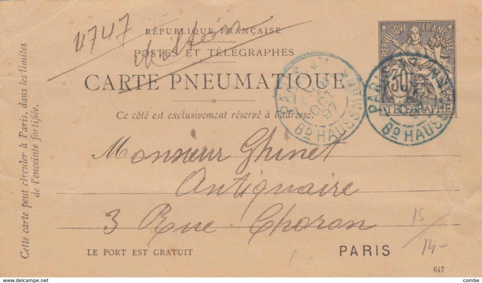 ENTIER. CARTE PNEUMATIQUE. Type CHAPLAIN 30c. NOIR. PARIS 47. Bd HAUSSMAN - Pneumatiques