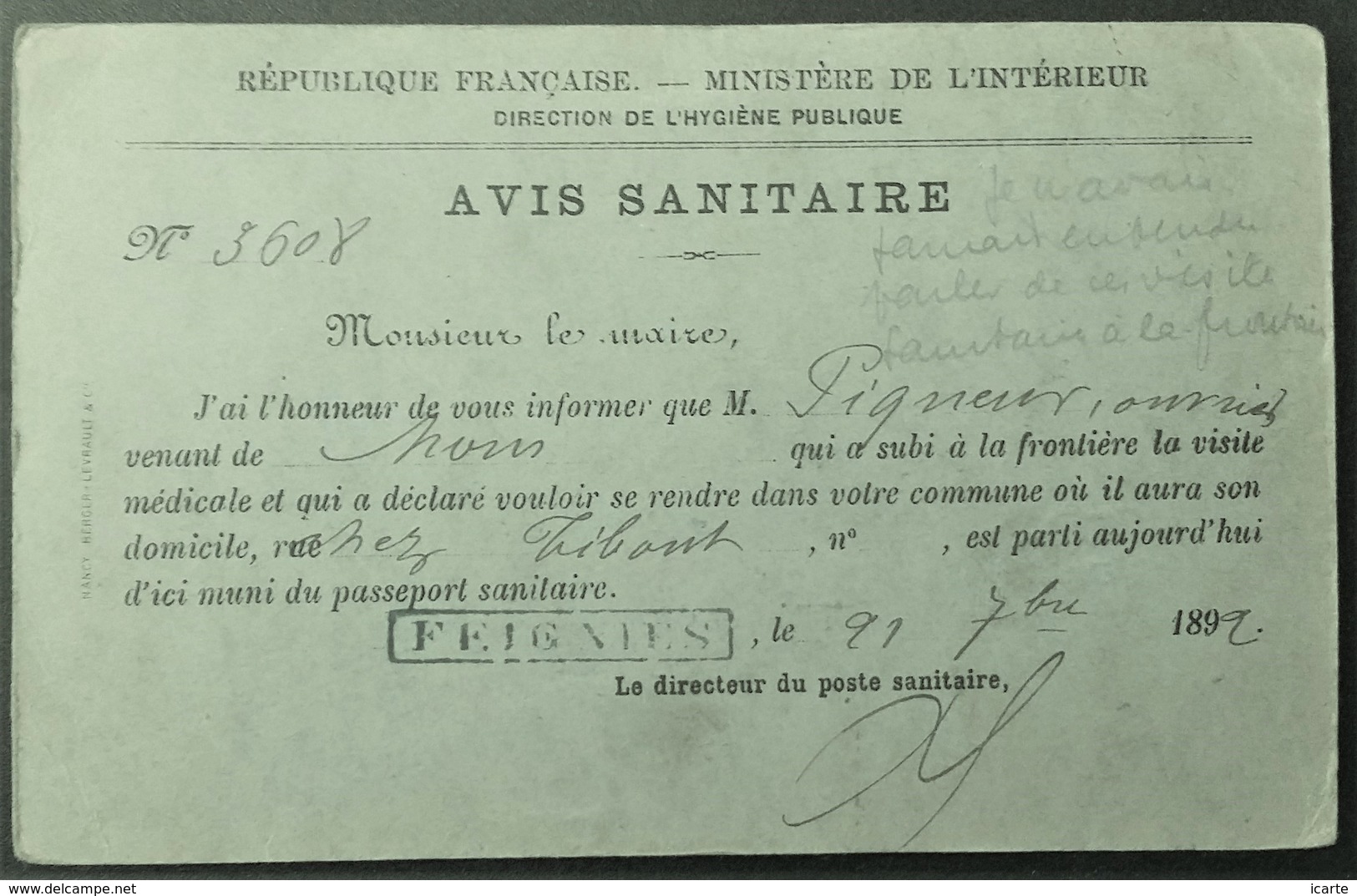 CP AVIS SANITAIRE Poste Sanitaire De FEIGNIES > Maire De NANTEUIL-LE-HAUDOUIN Visite Médicale Voyageur De Mons 1892 - Lettres Civiles En Franchise