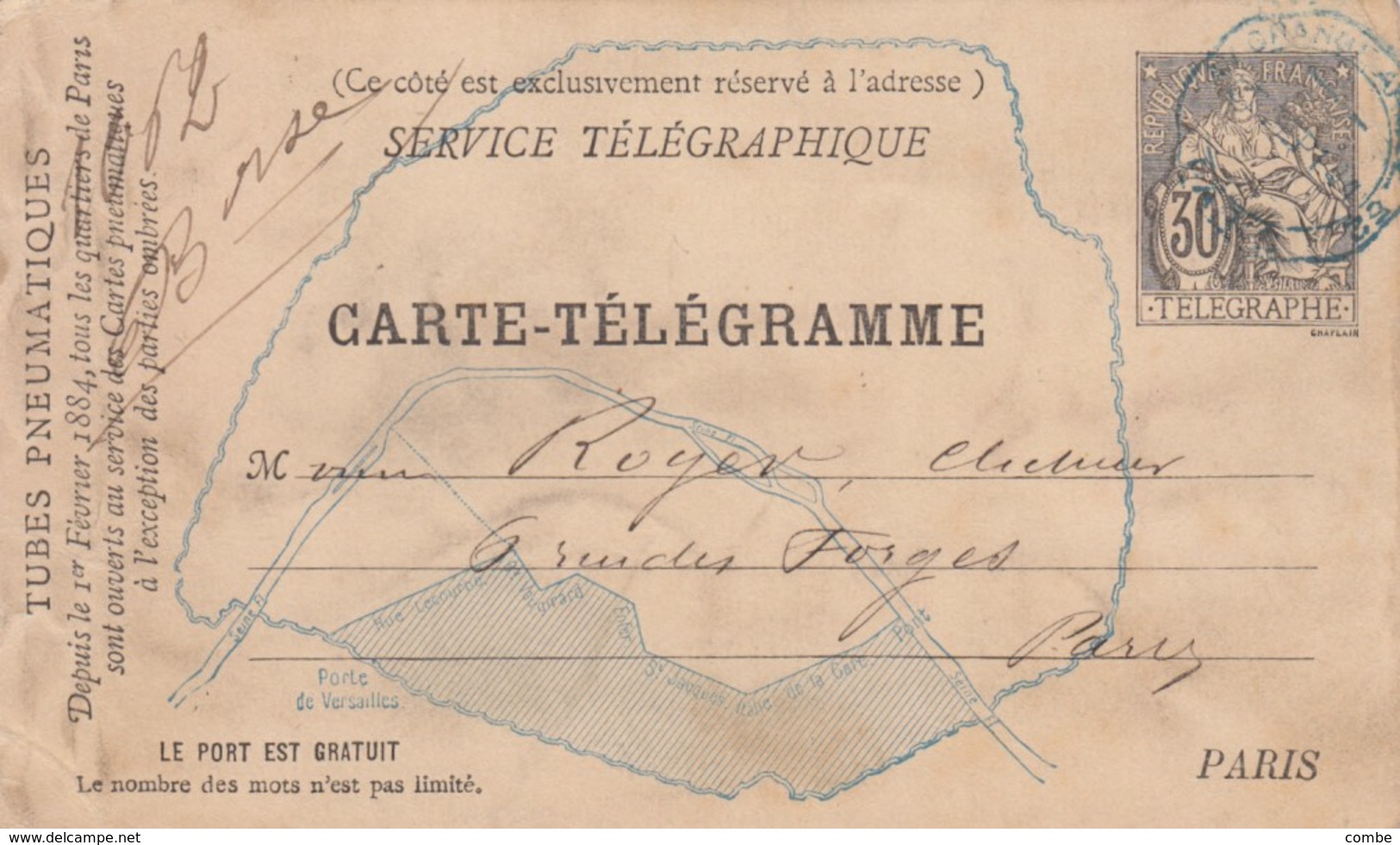 ENTIER. CARTE PNEUMATIQUE. Type CHAPLAIN 30c. NOIR. PLAN PARIS SUD BLEU. IMPRIMERIE DE L'ABEILLE NEUILLY - Pneumatic Post