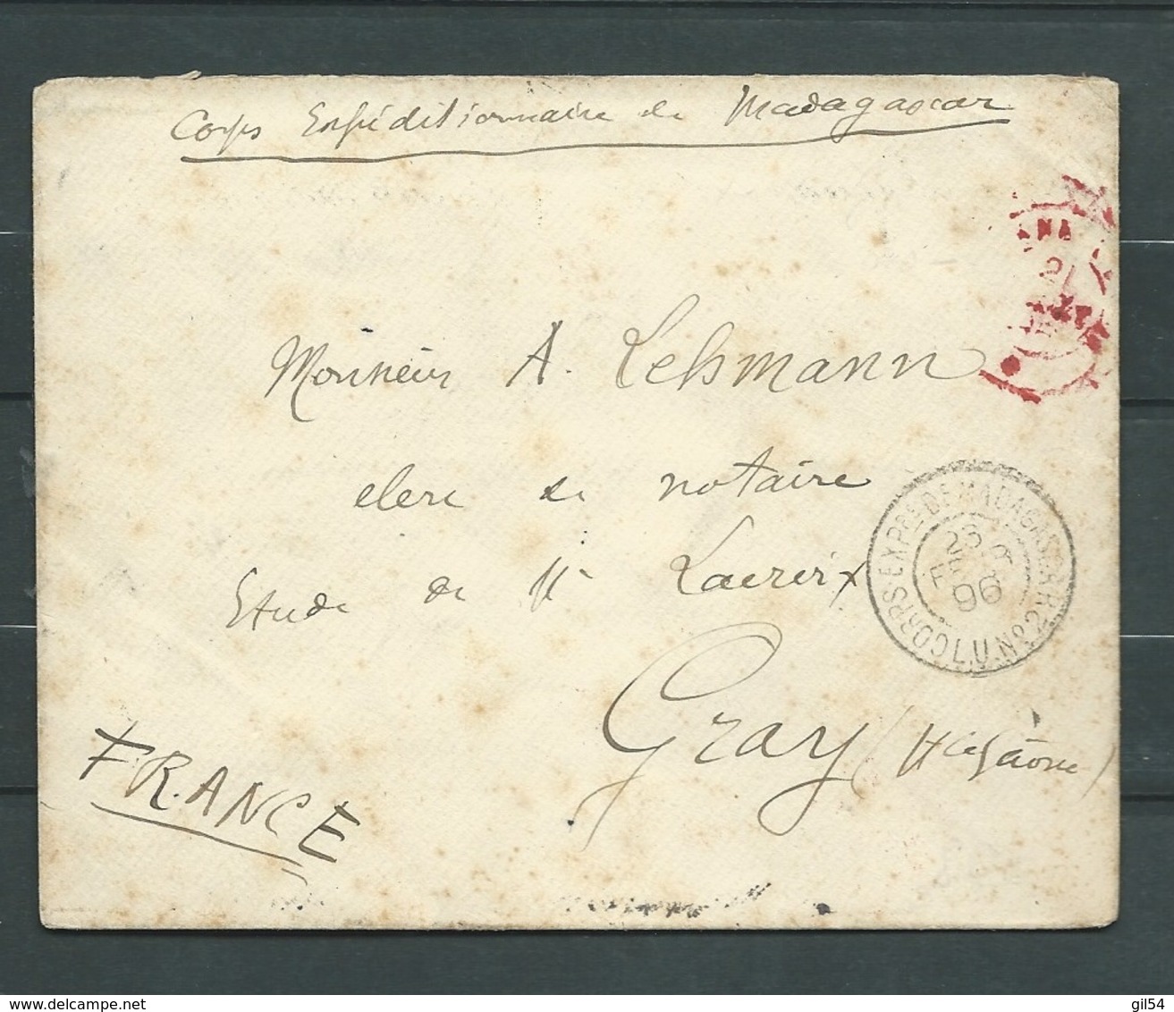 Corp Expeditionnaire De Madagascar 23/02/1896, Cachet à Date Zanzibar Au Dos Pour Gray Haute Saone  Pho2910 - Armeestempel (vor 1900)