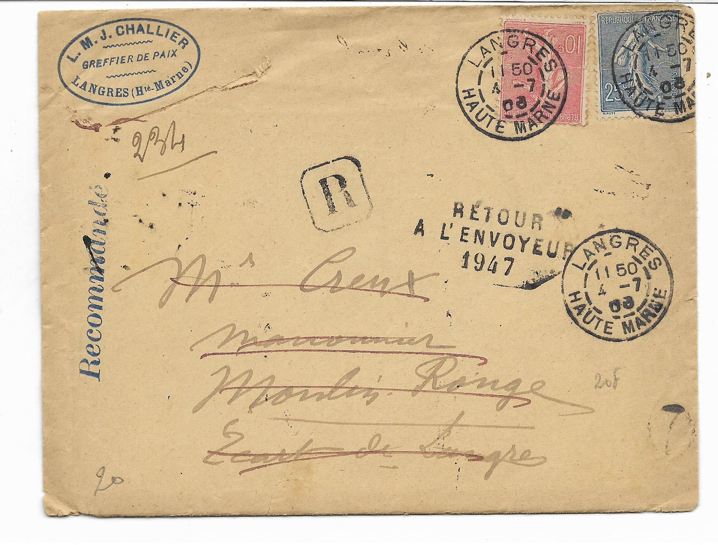 1906- Lettre REC. De LANGRES -haute Marne- 2 Semeuses Lignèes N° 129 Et 132- Retour à L'envoyeur+nom Commun à ... - 1877-1920: Période Semi Moderne