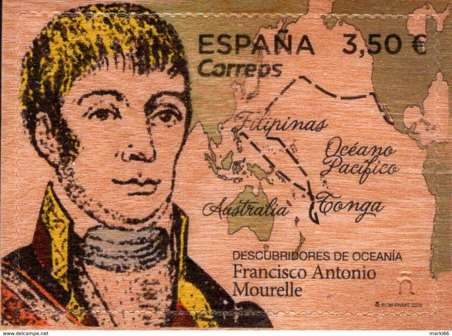 Spain - 2019 - Francisco Antonio Mourelle, Explorer - Mint Self-adhesive Stamp Printed On Real Wood - Unused Stamps