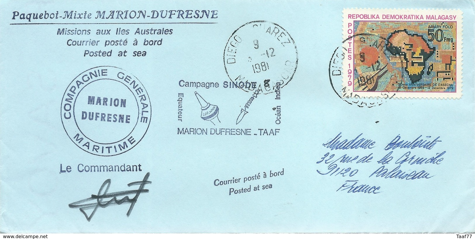 TAAF - Lettre "Marion-Dufresne" Avec Timbre Madagascar N°634 ASECNA - Cachet Manuel Diego Suarez Du 03/12/1981 - Briefe U. Dokumente