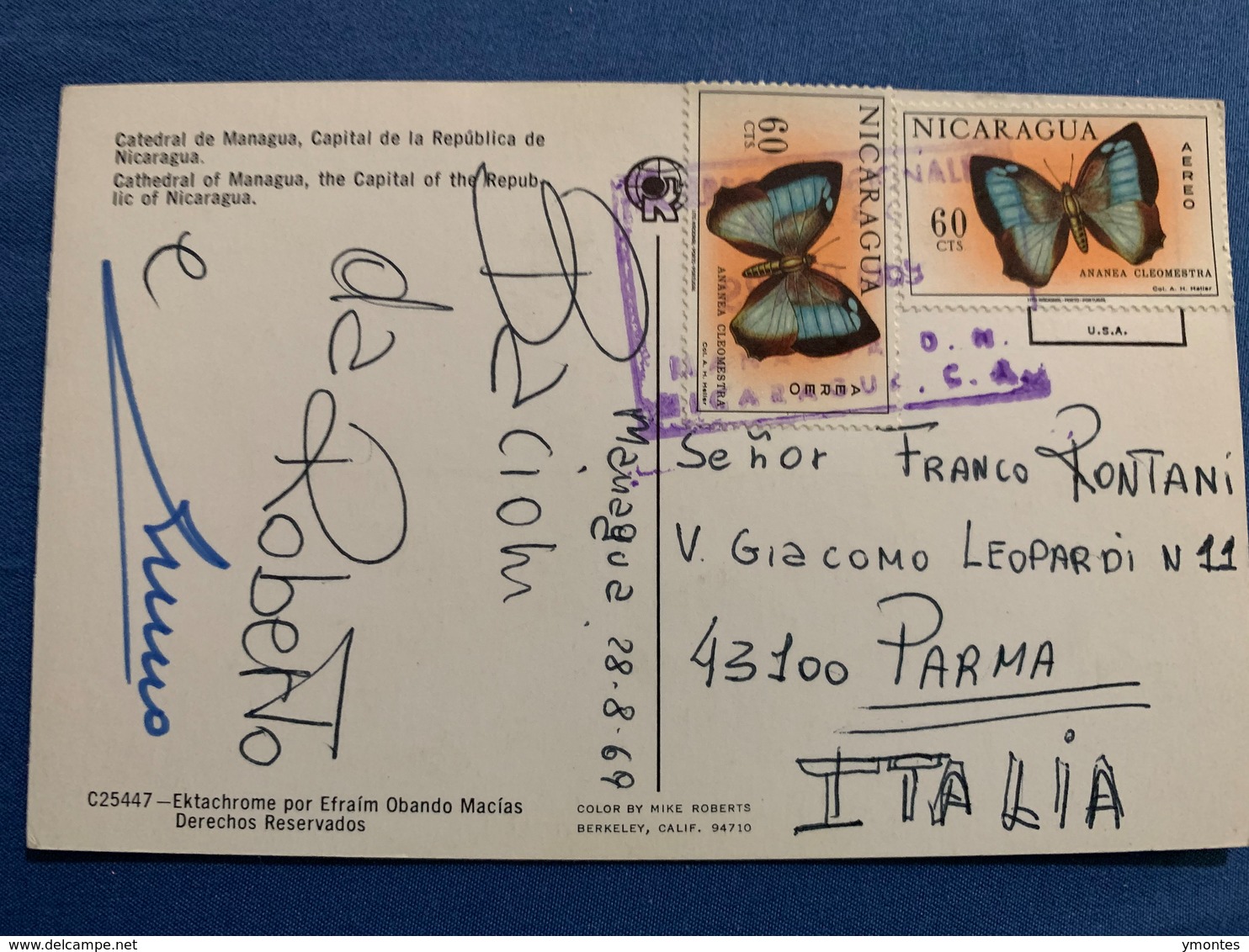Postcard Circulated Nicaragua 1968, Cathedral Of Managua, Butterflies Stamps - Nicaragua
