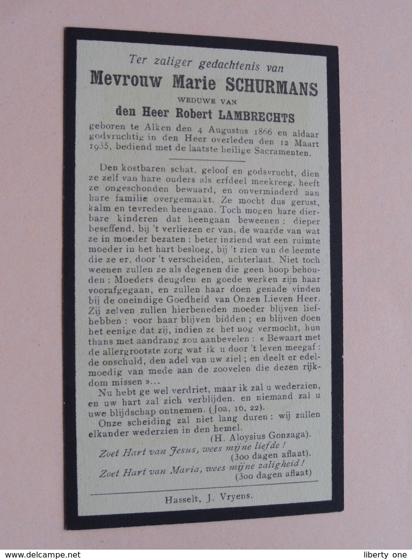 DP Marie SCHURMANS ( Robert Lambrechts ) ALKEN 4 Aug 1866 - 12 Maart 1935 ( Zie Foto's ) ! - Esquela