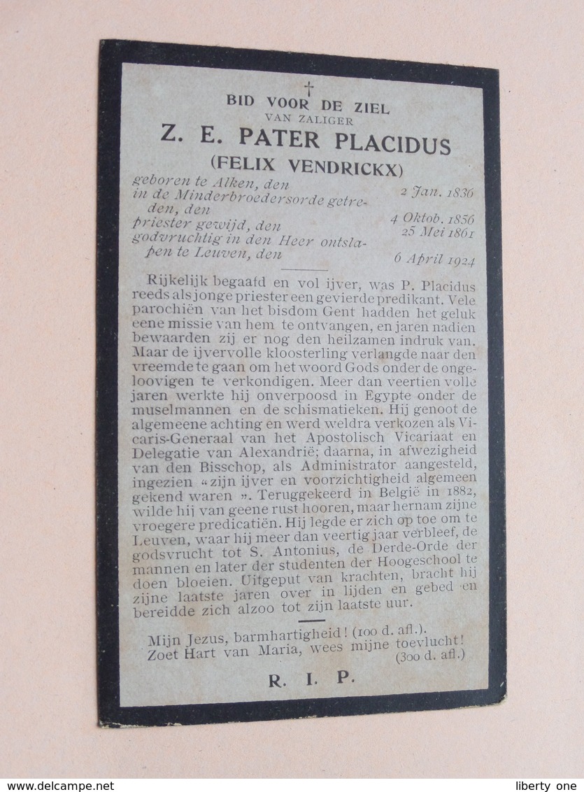 DP Z.E. Pater PLACIDUS ( Felix Vendrickx ) Alken 2 Jan 1836 - Leuven 6 April 1924 ( Zie Foto's ) ! - Décès