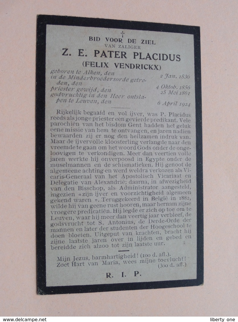 DP Z.E. Pater PLACIDUS ( Felix Vendrickx ) Alken 2 Jan 1836 - Leuven 6 April 1924 ( Zie Foto's ) ! - Décès