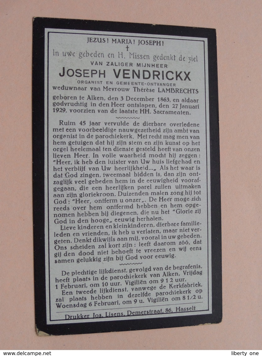 DP Joseph VENDRICKX ( Thérèse Lambrechts ) Alken 3 Dec 1863 - 27 Jan 1929 ( Zie Foto's ) ! - Esquela