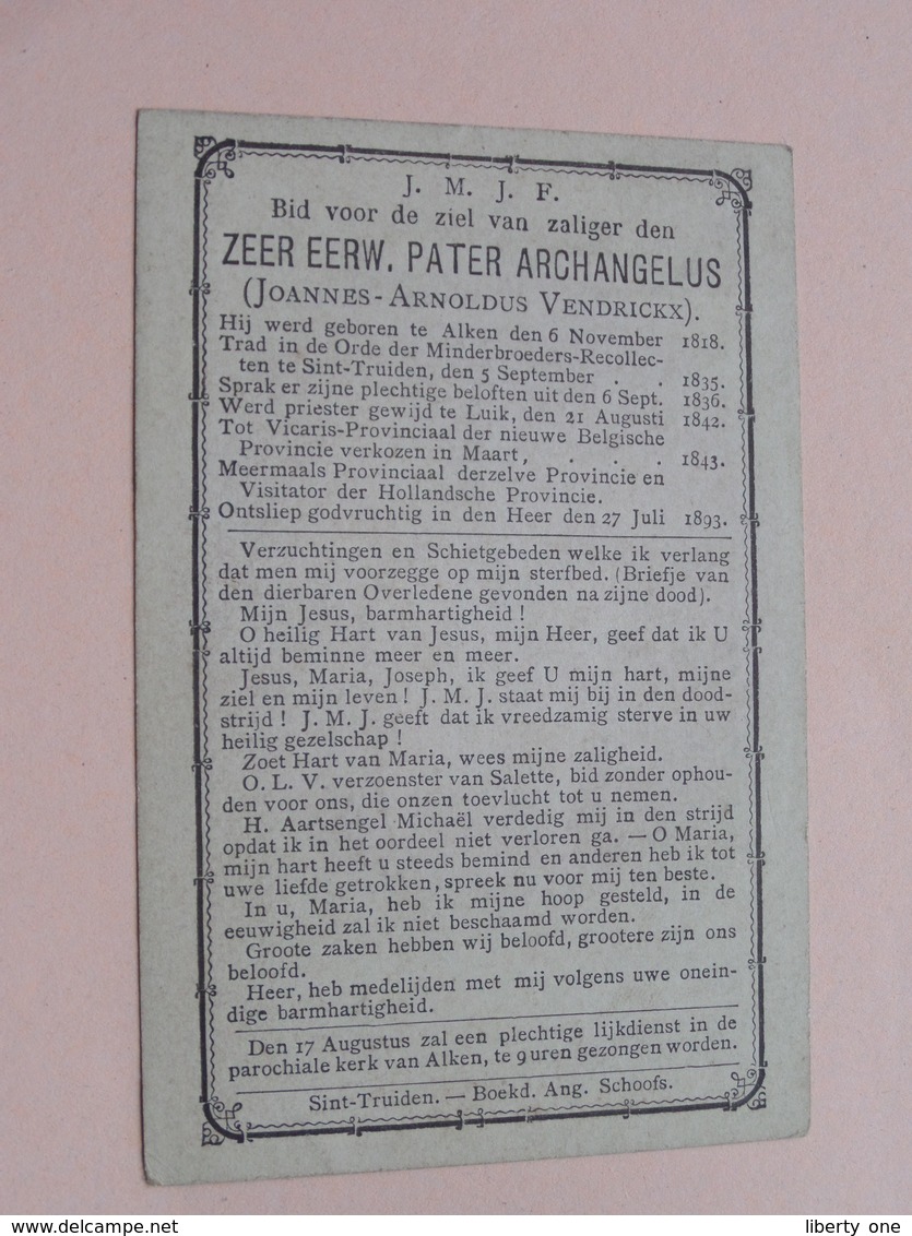 DP Z.E. Pater ARCHANGELUS (Joannes Vendrickx ) Alken 6 Nov 1818 - 27 Juli 1893 ( Zie Foto's ) ! - Décès