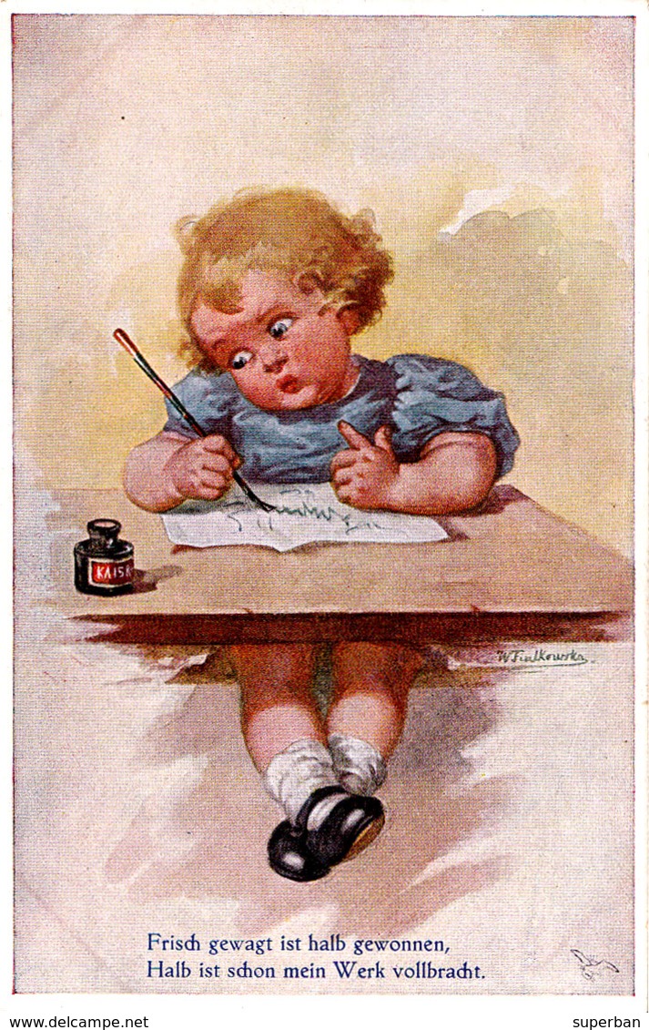 ENFANT : FILLETTE ECRIVANT / WRITING GIRL - ILLUSTRATION SIGNÉE / ARTIST SIGNED : W. FIALKOWSKA (ad450) - Fialkowska, Wally