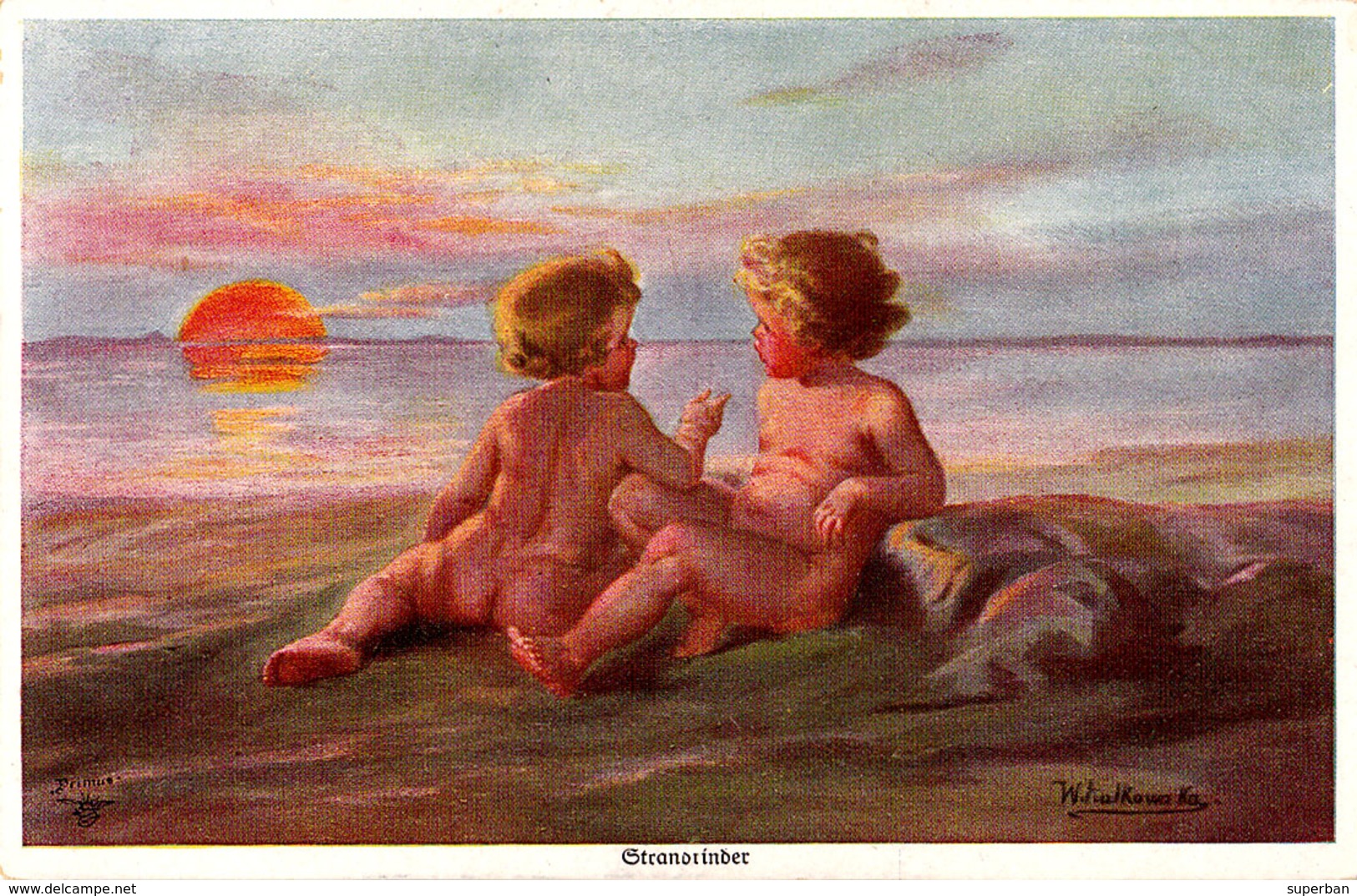 ENFANT : BÉBÉ NU SUR PLAGE / NAKED BABY ON THE BEACH - ILLUSTRATION SIGNÉE / ARTIST SIGNED : W. FIALKOWSKA (ad451) - Fialkowska, Wally