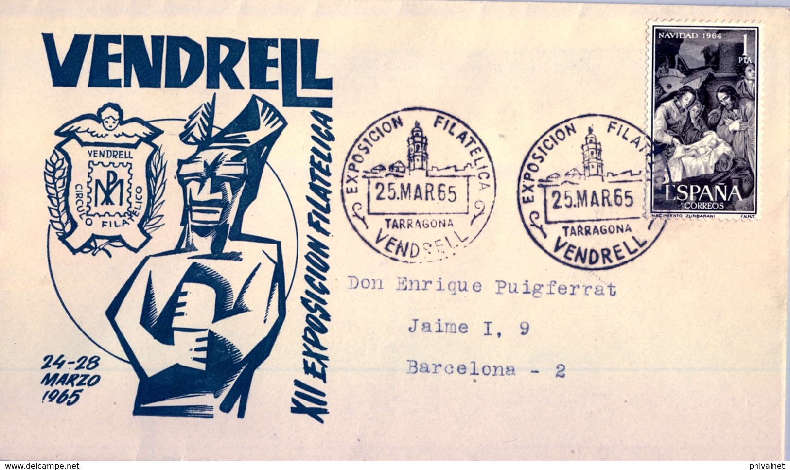 1965 , TARRAGONA - VENDRELL , XII EXPOSICIÓN FILATÉLICA , SOBRE CON MAT. ESPECIAL - Cartas & Documentos