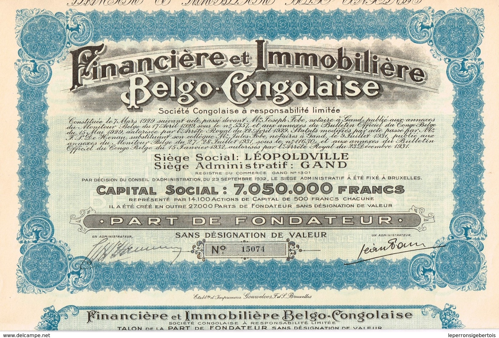 Titre Ancien - Financière Et Immobilière Belgo-Congolaise - Société Congolaise à Responsabilité Limitée -Titre De 1931 - - Afrique