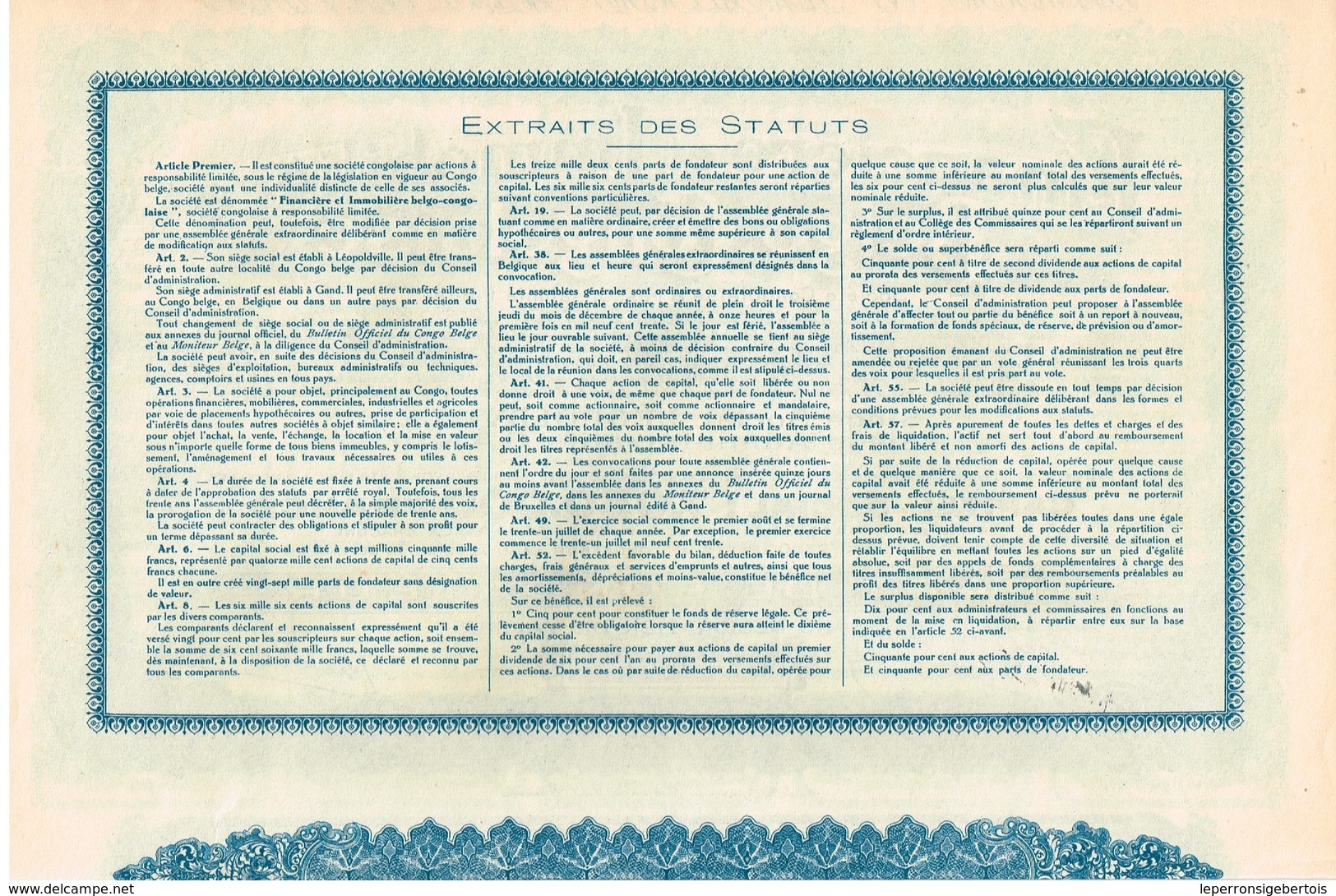 Titre Ancien - Financière Et Immobilière Belgo-Congolaise - Société Congolaise à Responsabilité Limitée -Titre De 1931 - - Afrique