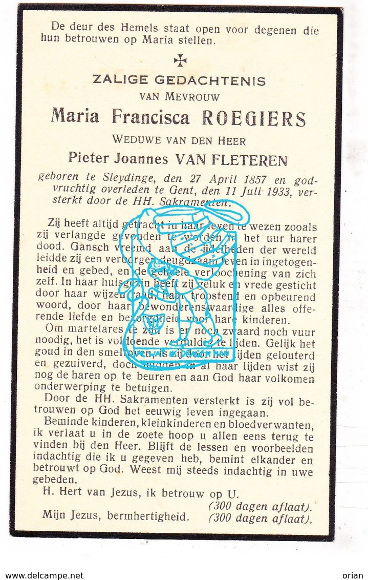 DP Maria F. Roegiers ° Sleidinge Evergem 1857 † Gent 1933 X Pieter J. Van Fleteren - Images Religieuses