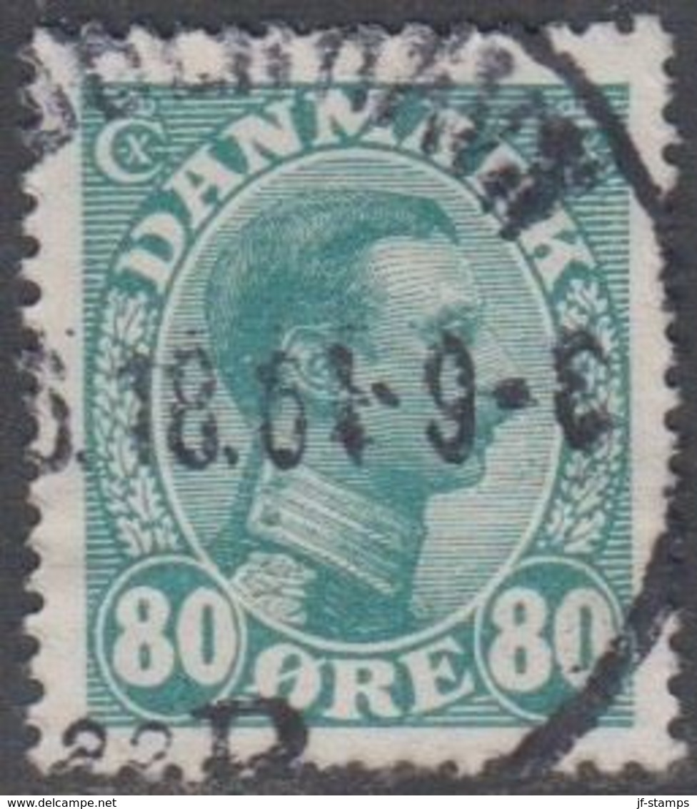 1915. King Christian X. 80 Øre Blue-green. VARIETY AFA 84x. (Michel 74) - JF302730 - Used Stamps