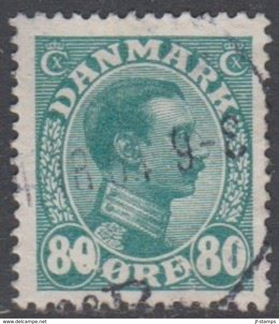 1915. King Christian X. 80 Øre Blue-green. VARIETY AFA 84x.  + Spot In 0. (Michel 74) - JF302732 - Used Stamps
