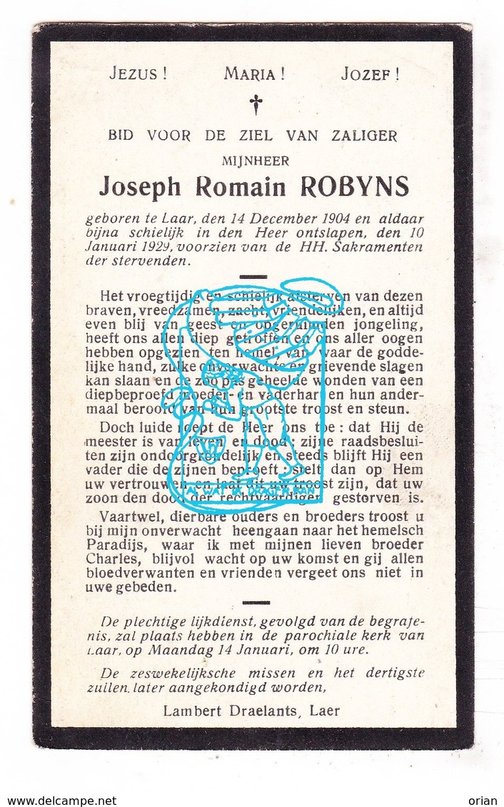 DP Joseph Romain Robyns 24j. ° Laar Landen 1904 † 1929 - Images Religieuses