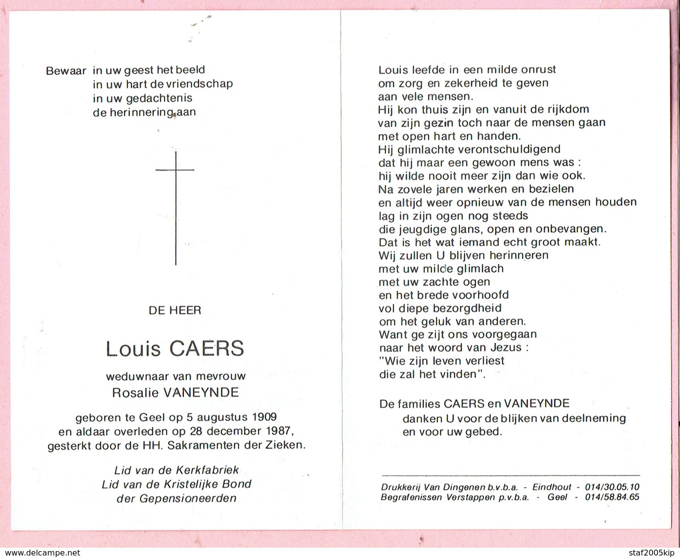 Bidprentje - Louis CAERS Wed. Rosalie VANEYNDE - Geel 1909 - 1987 - Images Religieuses